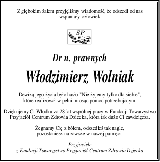 nekrolog - dr nauk prawnych Włodzimierz Wolniak